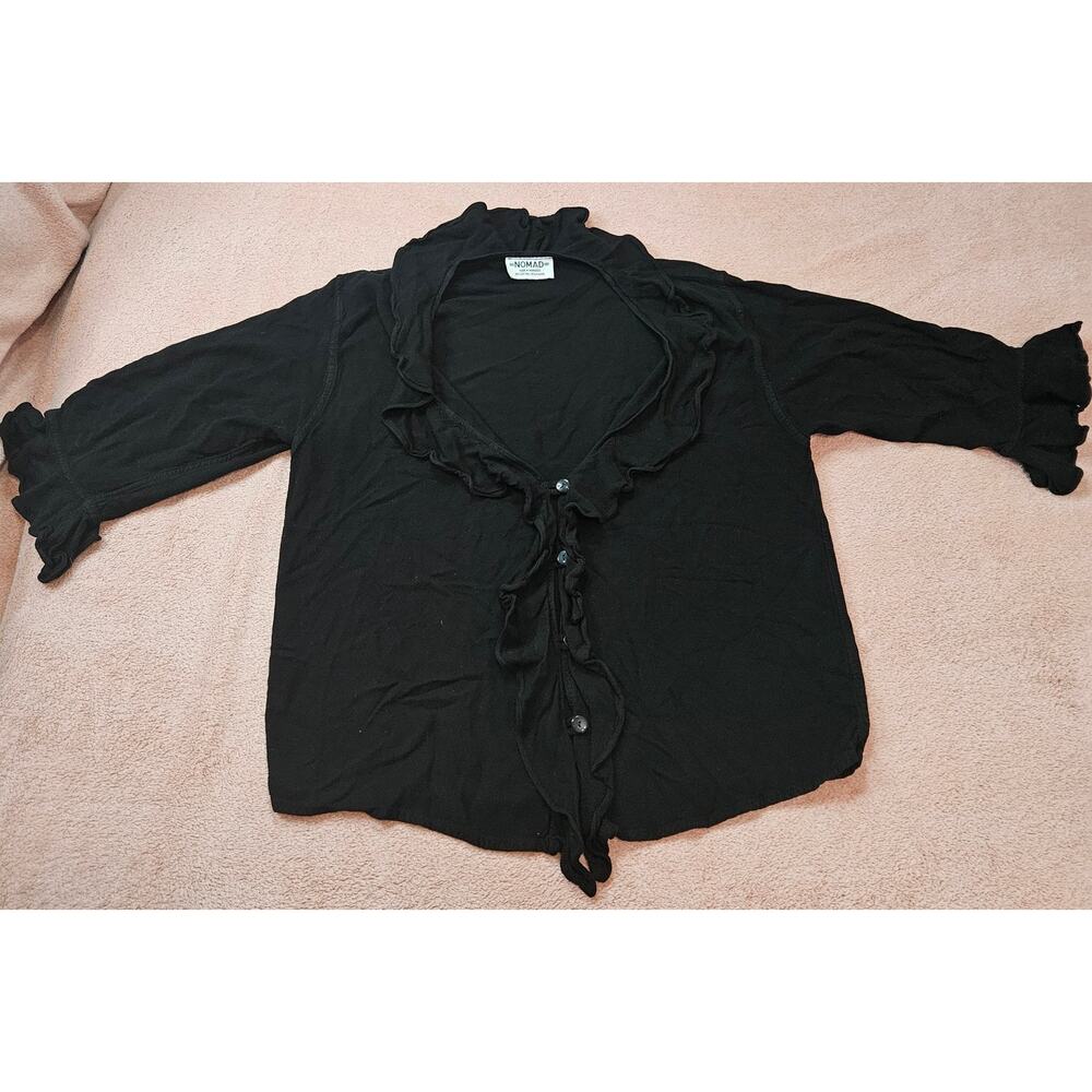 Nomad Black Ruffled Button-Front Cotton Rayon Boho- Chic Blouse